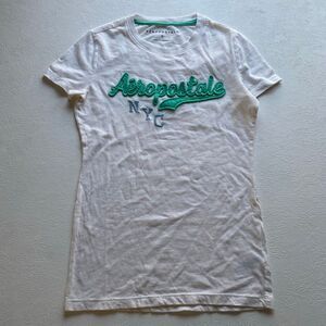 Aeropostale NYC Logo Tee Small White Green Embroidered Graphic Y2K Baby Tee
